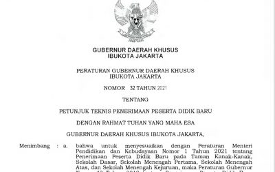 Pergub No.32 Tahun 2021 tentang Petunjuk Teknis PPDB Tahun Pelajaran 2021/2022